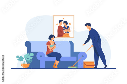 Loving man helping with house routine when woman feeding baby. Breast, family, newborn flat vector illustration. Motherhood and lactation concept for banner, website design or landing web page