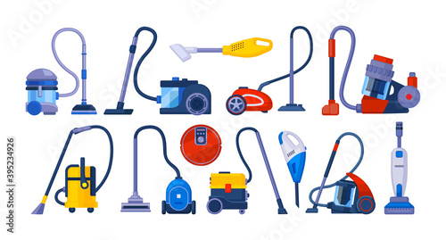 Vacuum cleaner equipment cartoon set. Washing robot cyclone and car vacuum cleaner.