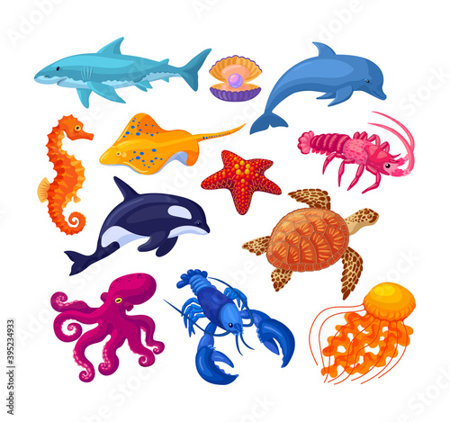 Sea and ocean underwater animals. Seahorse, sea turtle, stingray, shark, killer whale, lobster, octopus, starfish, jellyfish, dolphin, pearl clam, lobster. Sea life marine animals cartoon