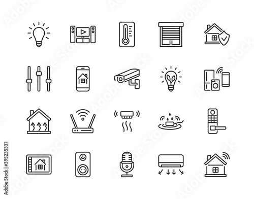 Smart house system flat line icon set. Vector illustration wireless home control and remote monitoring. Editable strokes.