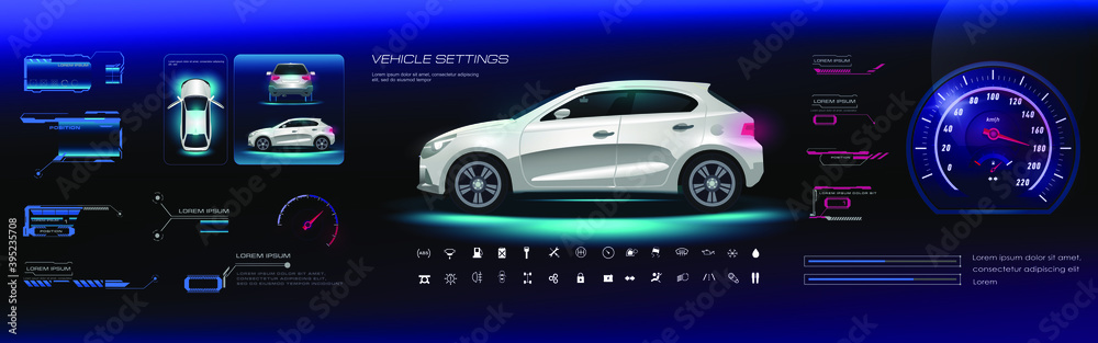 Car user interface HUD, GUI, UI. Road navigation. Virtual GUI with HUD style electric vehicle options and parameters. Realistic car three projections with video game interface, options, navigation bar