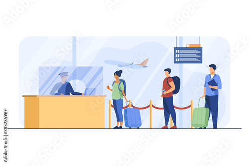 Travelers standing in queue for flight registration. Baggage, line, ticket flat vector illustration. Airlines and traveling concept for banner, website design or landing web page