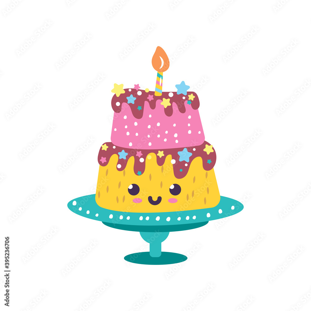 Cute funny character kawaii cake with a candle. Isolated object on white background Cute funny character kawaii cake with a candle. Isolated object on white background