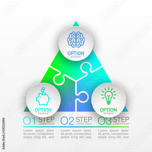 Three piece flat puzzle round infographic presentation. 3 steps circle business diagram. Three sections compare service banner. 3 pieces jigsaw illustration template shape. Abstract puzzle Background