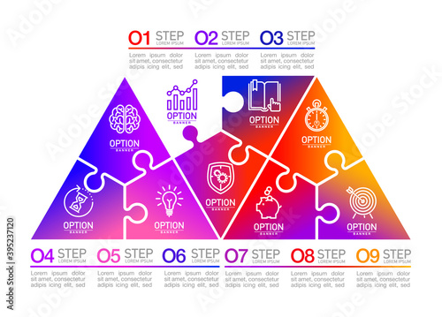 Nine pieces flat puzzle round infographic presentation. 9 steps circle business diagram. Nine sections compare service banner. 9 pieces jigsaw illustration template shape. Abstract puzzle Background.