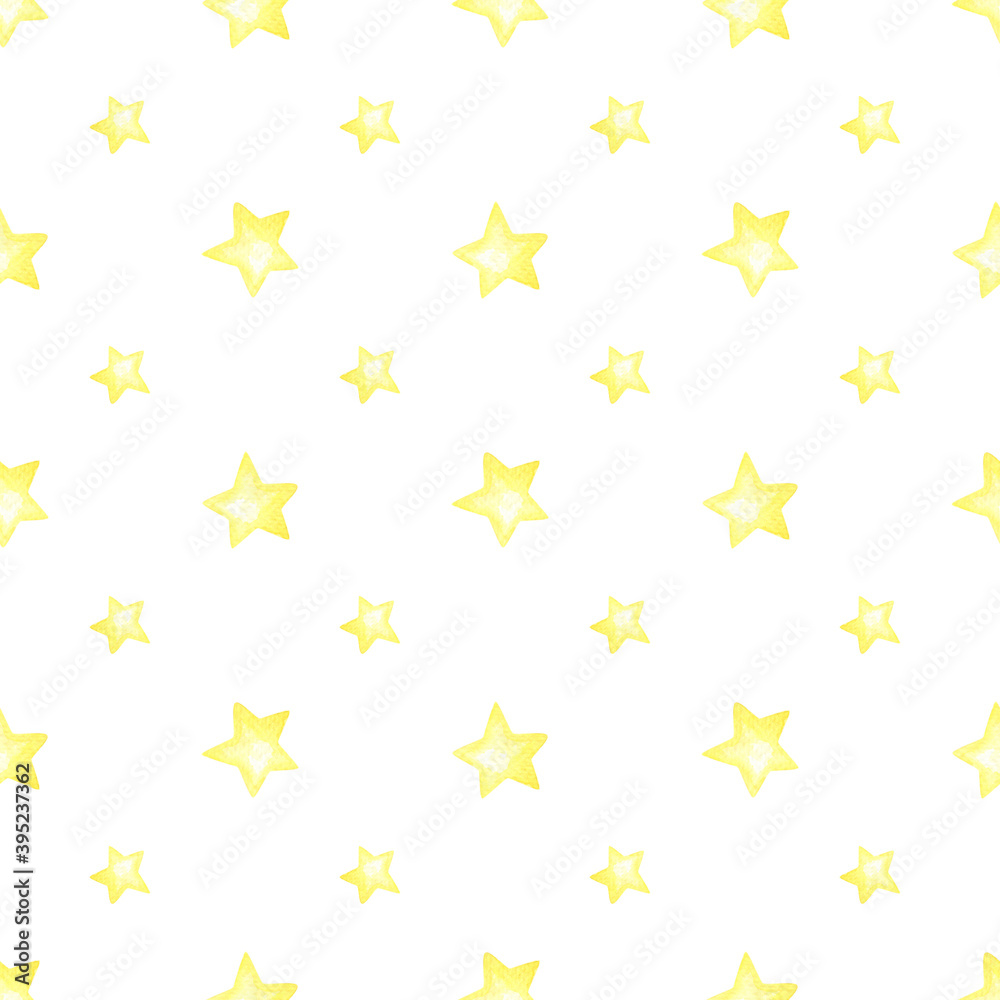Watercolor Seamless pattern of yellow stars on white background.Quality Print for baby shower Watercolor Seamless pattern of yellow stars on white background.Quality Print for baby shower