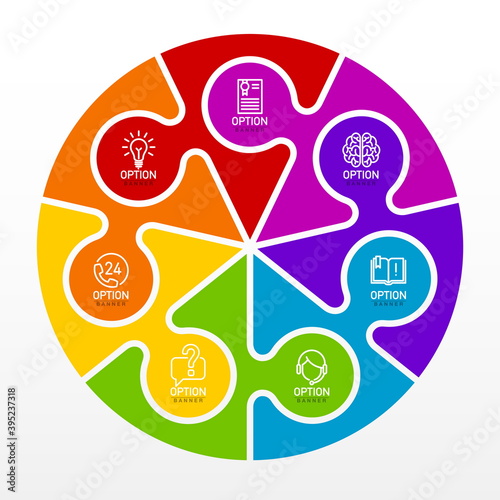Seven pieces flat puzzle round infographic presentation. 7 steps circle business diagram. Seven sections compare service banner. 7 pieces jigsaw illustration template shape. Abstract puzzle Background