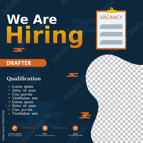 Hiring, Job vacancy design poster.Open recruitment drafter design template. Social media post design layout
