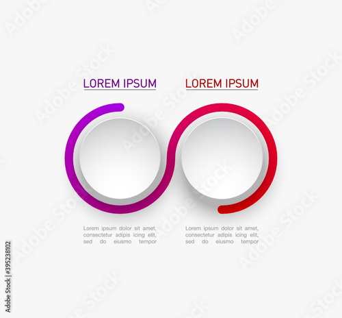 2 circle shapes components Infographic. Modern business circle origami style Two options banner. infographics illustration, workflow layout, diagram, 2 number, Two steps up options web design.