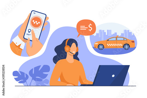 Cab online ordering process. Hands of passenger using taxi service application on cell, dispatcher in headset taking order. For mobile app, taxicab, city transport concept