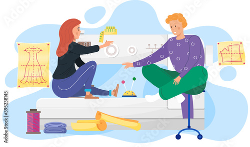 Fashion designers are sitting near the sketch with dress and discussing about model. Seamstressers are comparing tailor pattern ang finished dress. Modern production, people near sewing machine