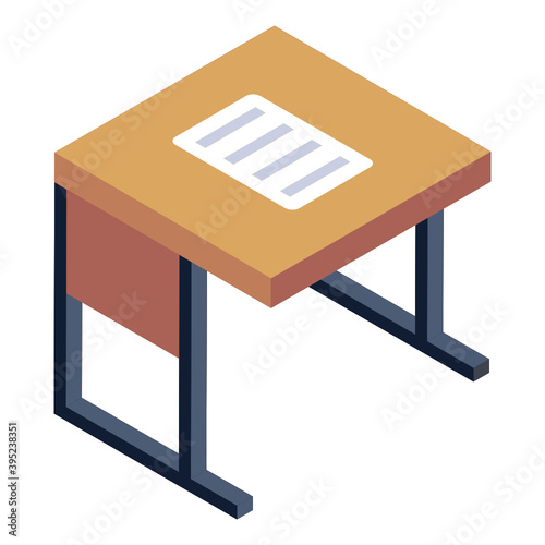 
Class table isometric icon, exam sheet on desk

