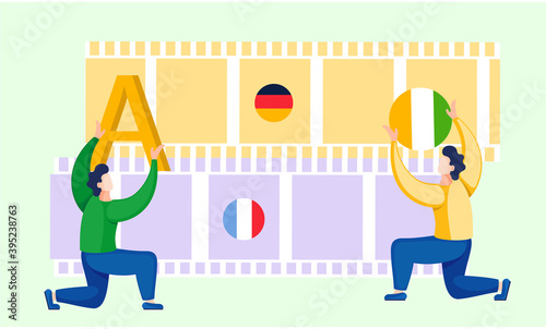 Translation service concept. Online dictionary, Internet language courses. Men are standing near film strip with European flags. Students study foreign languages, international communication training