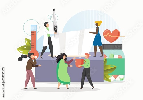 Doctor treating patients catching cold, flat vector illustration.