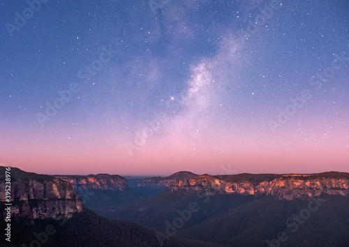 Photography Beautiful twilight at govetts leap lookout viewing cliffs and the Gross valley NSW Australia with stars during purple hour