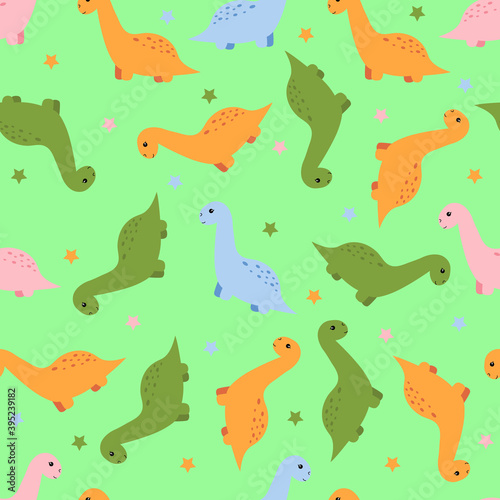 Seamless pattern with cute kawaii dinosaur. Vector illustration. 