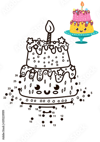 Dot to dot kids game with cake. Connect points