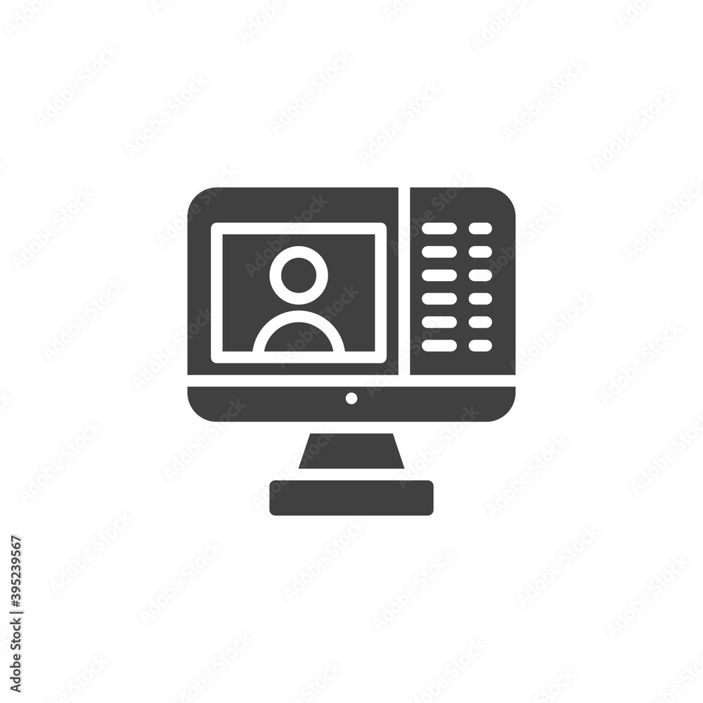 Online webinar monitor vector icon. filled flat sign for mobile concept and web design. Computer monitor video conference glyph icon. Symbol, logo illustration. Vector graphics Online webinar monitor vector icon. filled flat sign for mobile concept and web design. Computer monitor video conference glyph icon. Symbol, logo illustration. Vector graphics