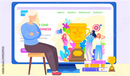 Woman business coach blogging. Be number one in your business, girls showing trophy got for winning first place. Trophy or award with target and arrow. Website or webpage template, landing page