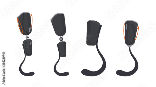 A set of futuristic prostheses for people. Metal prosthetic arm and leg in flat style. Vector.