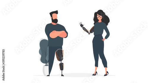 A man with a prosthetic leg and a girl with a prosthetic hand. Special needs concept. Vector.