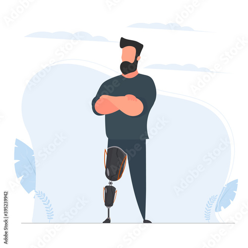Disabled man with a prosthetic leg. Prosthesis, disabled person. The concept of a fulfilling life without the lost limbs of the body. Vector.