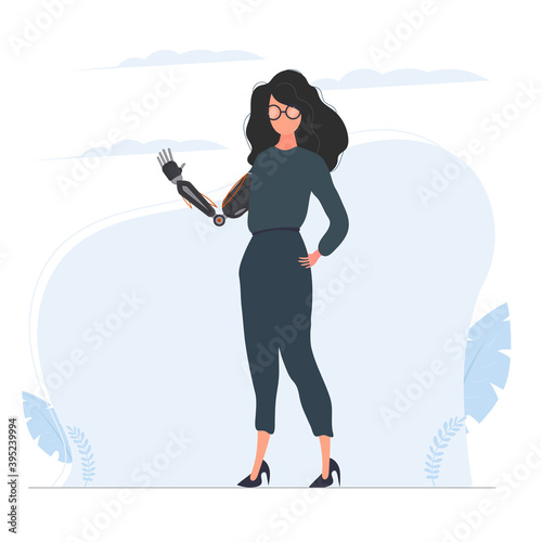 Girl with a prosthetic hand. Futuristic metal prosthetic hand. The concept of a fulfilling life without the lost limbs of the body. Vector.