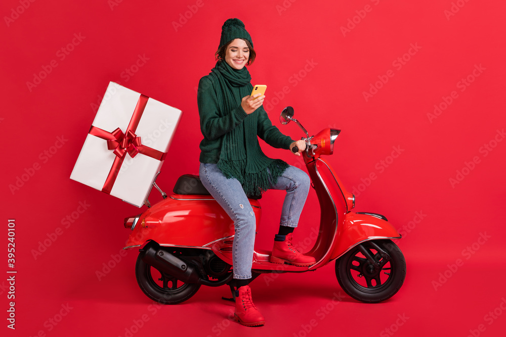 Full size portrait of blogger driver chatting wear green hat scarf x-mas eve package isolated on red color background Full size portrait of blogger driver chatting wear green hat scarf x-mas eve package isolated on red color background