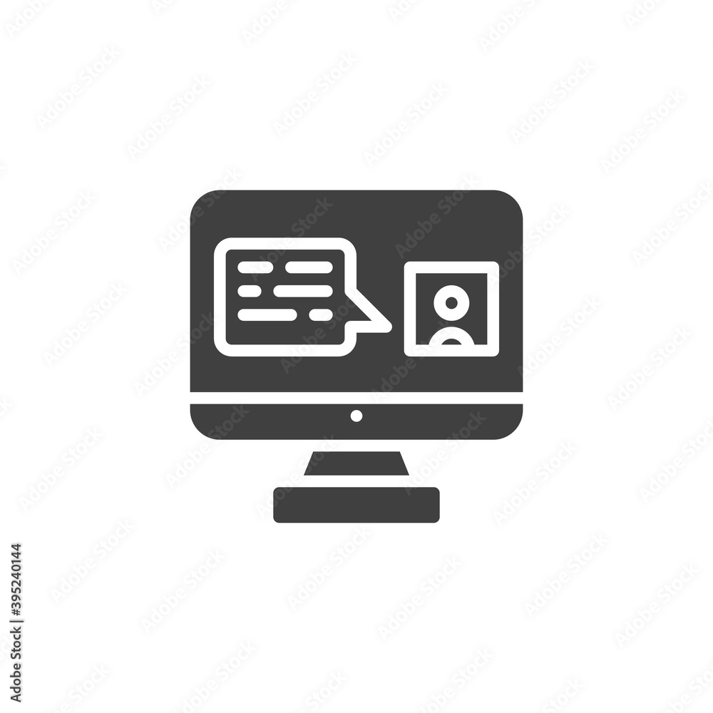 Online video chat vector icon. filled flat sign for mobile concept and web design. Computer monitor with chat message glyph icon. Symbol, logo illustration. Vector graphics Online video chat vector icon. filled flat sign for mobile concept and web design. Computer monitor with chat message glyph icon. Symbol, logo illustration. Vector graphics