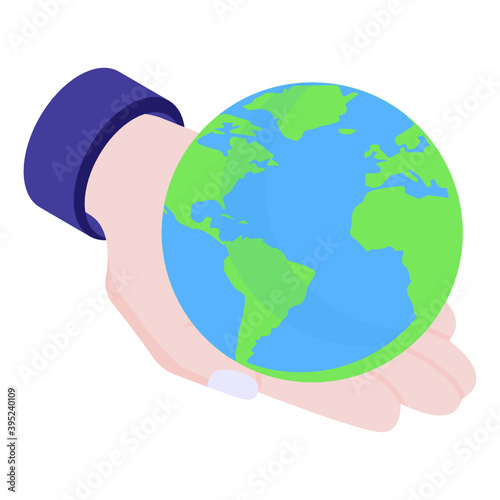 
Hand holding globe, isometric icon of earth care 
