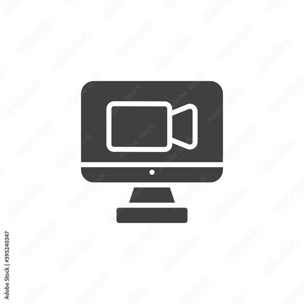 Computer video chat vector icon. PC monitor with camera filled flat sign for mobile concept and web design. Video conference call glyph icon. Symbol, logo illustration. Vector graphics Computer video chat vector icon. PC monitor with camera filled flat sign for mobile concept and web design. Video conference call glyph icon. Symbol, logo illustration. Vector graphics