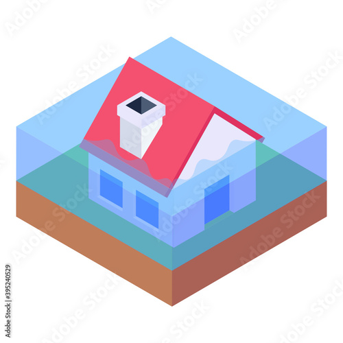 
Natural disaster house flood, isometric icon of inundate 
