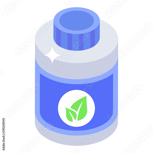 
Plastic bottle with leaves, herbal jar icon in isometric 
