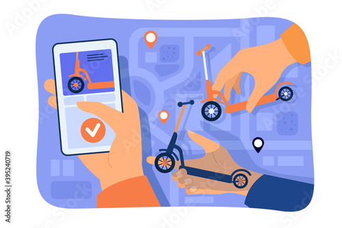 Hand of person using scooter rent or sharing app with city map on smartphone. Vector illustration for urban vehicle, city transport, communication concept