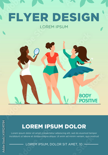 Happy girls admiring their bodies flat vector illustration. Body positive female characters smiling each other. Active women with plus size figures. Different beauty, fashion and healthy lifestyle