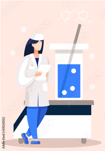 A fenale scientist in the laboratory working on a cure for a virus. Development of a vaccine against the disease. The doctor stands in a white coat and records the results of the experiment photo