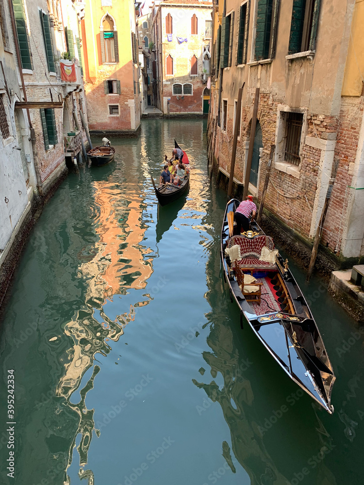 Gondolas along the canal in Venice, Italy