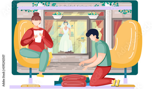 Tailor or fashion designers at bridal salon, fashion atelier studio workshop. Masters discuss the model of weddind dress from the new stylish collection. Man and woman snippers near big monitor