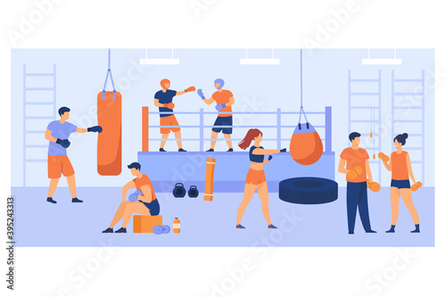 Men and women training in boxing club, exercising with punch bags, sparing on ring, lifting weight. For fight club, sport, active lifestyle concept