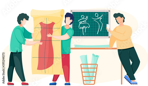Sewing with designers working with red dress pattern. The cutter evaluates the sketch made by the seamstresses. Man is holding the pattern of future clothes. Customer in professional tailoring studio