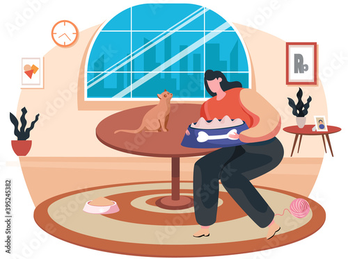 Happy woman pet owner feeding a cat. Female character spend time and caring of domestic animals at home. Friendship, leisure with little friends. Girl put food in kitten plate in living room interior