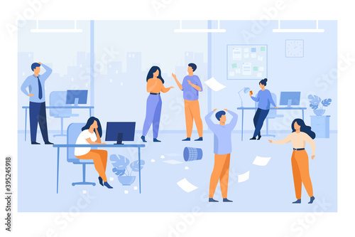 Lazy employees making mess and chaos at workplaces in office. Unorganized managers chatting, using computers at desk among flying papers. For chaotic work, teamwork problem concept