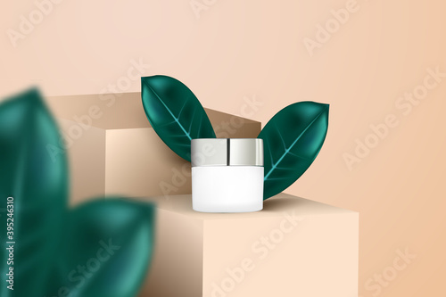 Realistic vector. A tube of cream sits on a podium with Tidewater green leaves. Trendy cosmetics advertising template.