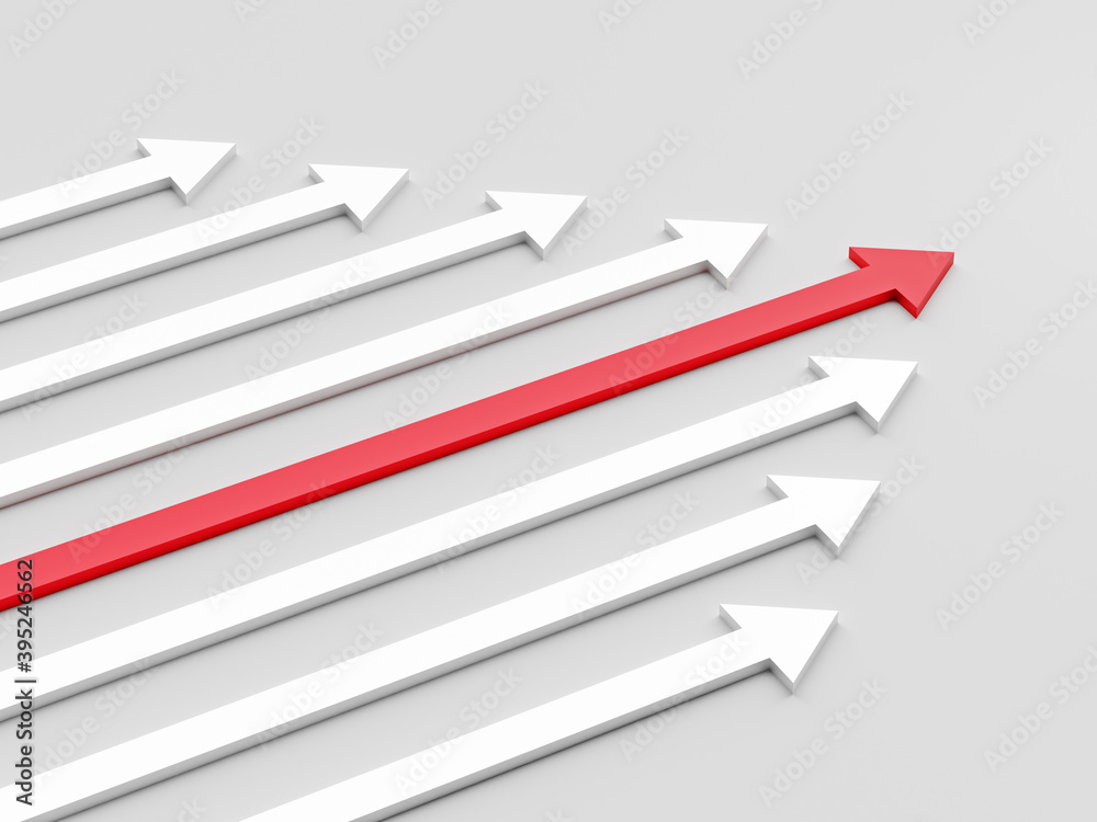 Leadership concept. One red leader arrow leading team forward Leadership concept. One red leader arrow leading team forward