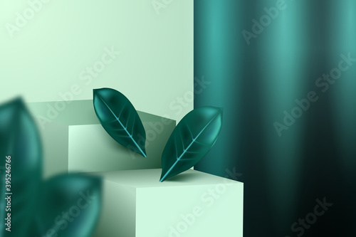 Mockup for advertising, color Tidewater green, catwalks, leaves and curtains. Trendy cosmetics advertising template.
