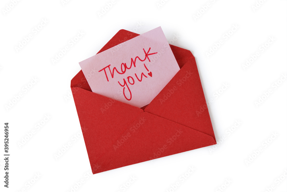 Red envelope with thank you letter on white background