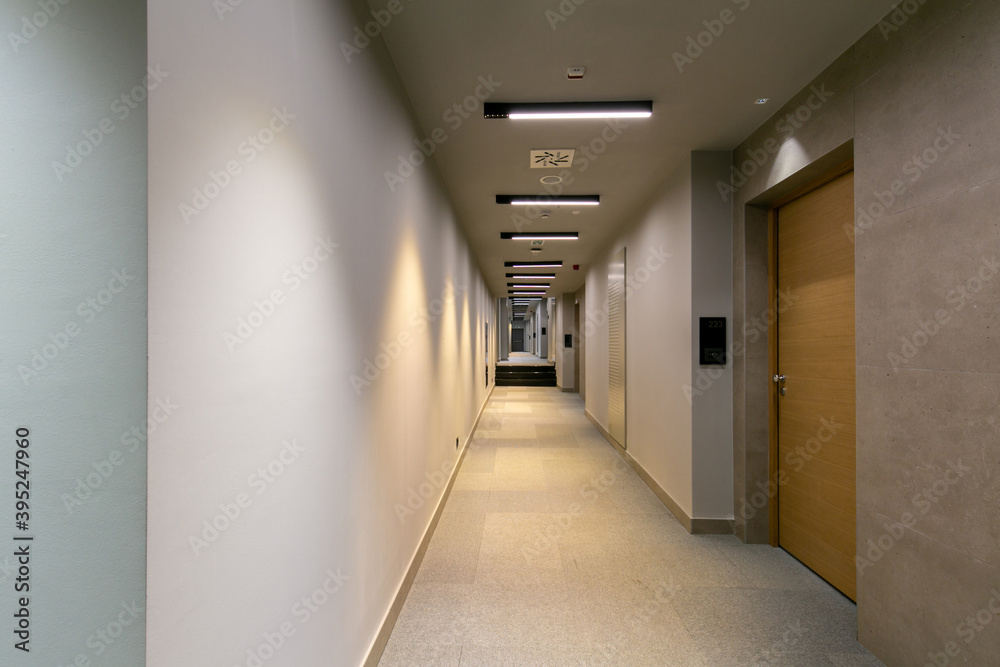 Long corridor interior in modern hotel