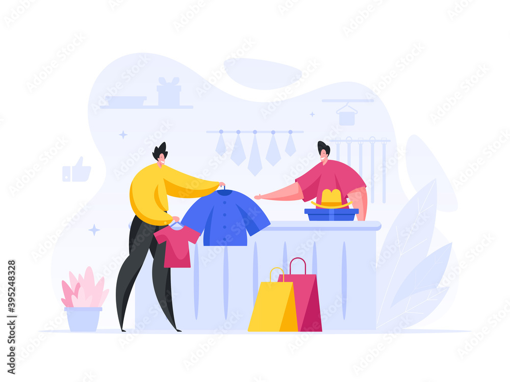 Man buys set stylish clothes in store vector concept. Happy male character holds out fashionable jacket.