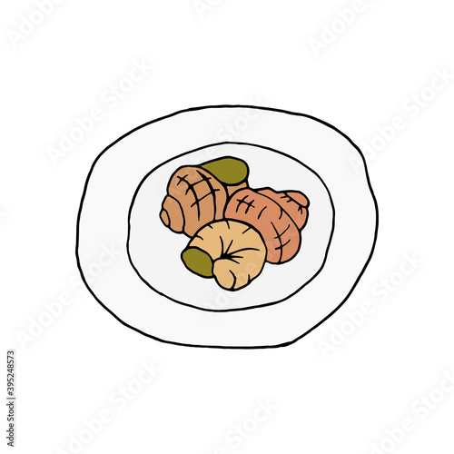 Vector hand drawn escargot on plate top view. French cuisine dish of snails. Design sketch element for menu cafe, bistro, restaurant, label and packaging. Colorful illustration on a white background.