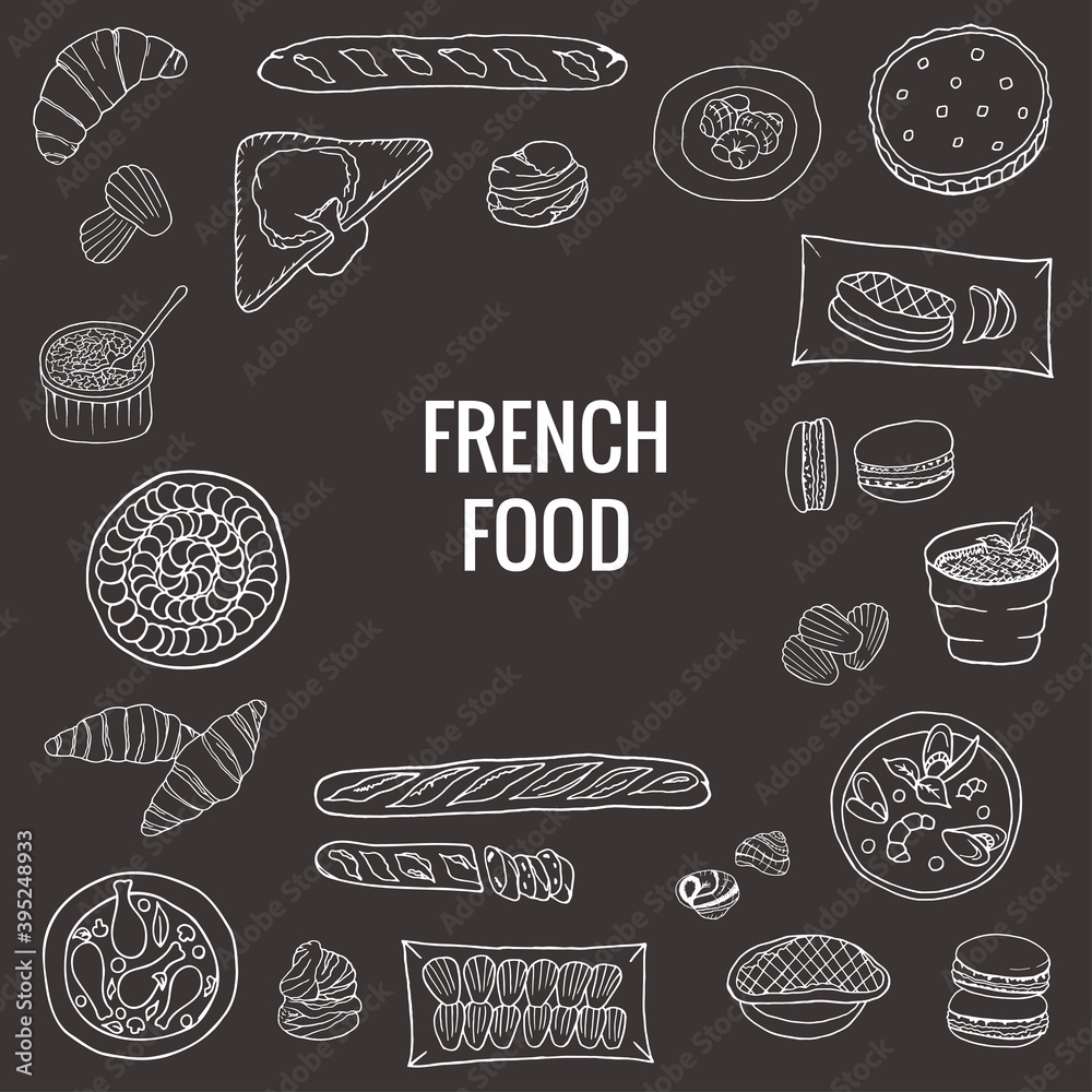 Vector hand drawn of french food. A set with croissant, macaron, profiterole, baguette, bouillabaisse, escargot, quiche, ratatouille. Design sketch for menu cafe, restaurant, label and packaging.